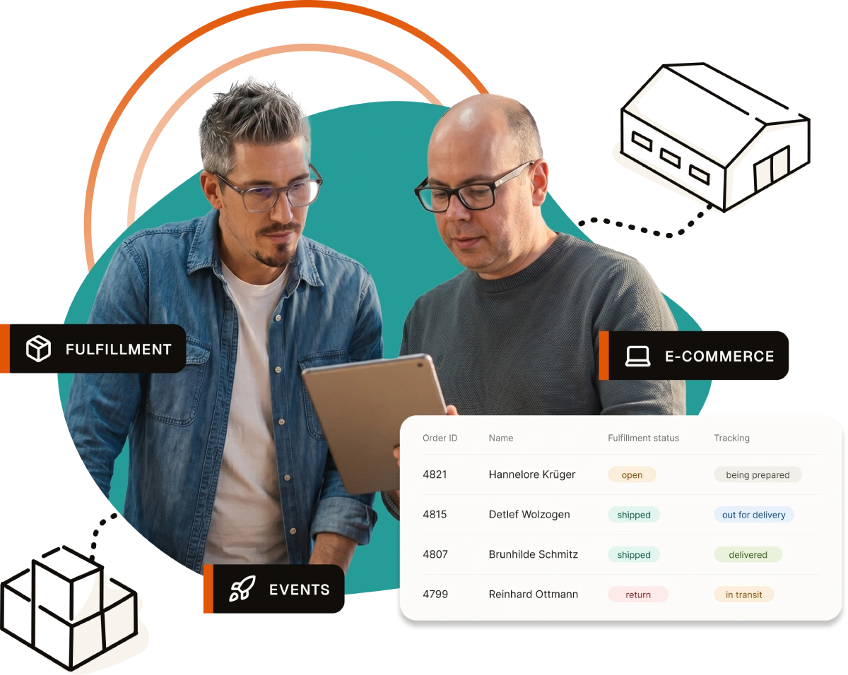 Two men checking shipment data